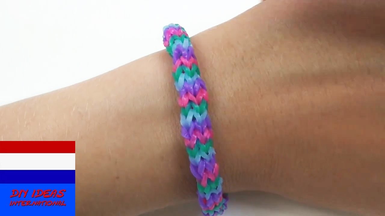 DIY vierkleurige armband van loom bandjes. rainbow loom armband. handleiding