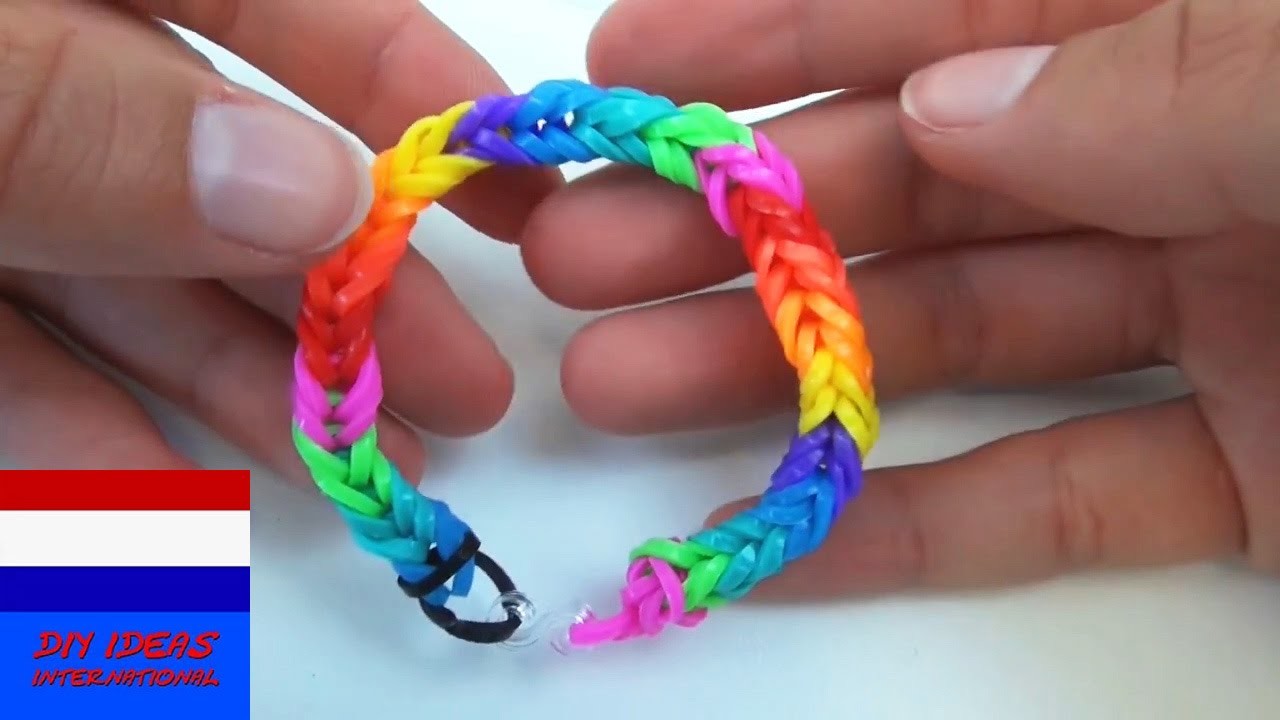 DIY rainbow loom band met visgraatpatroon in regenboogkleuren. handleiding