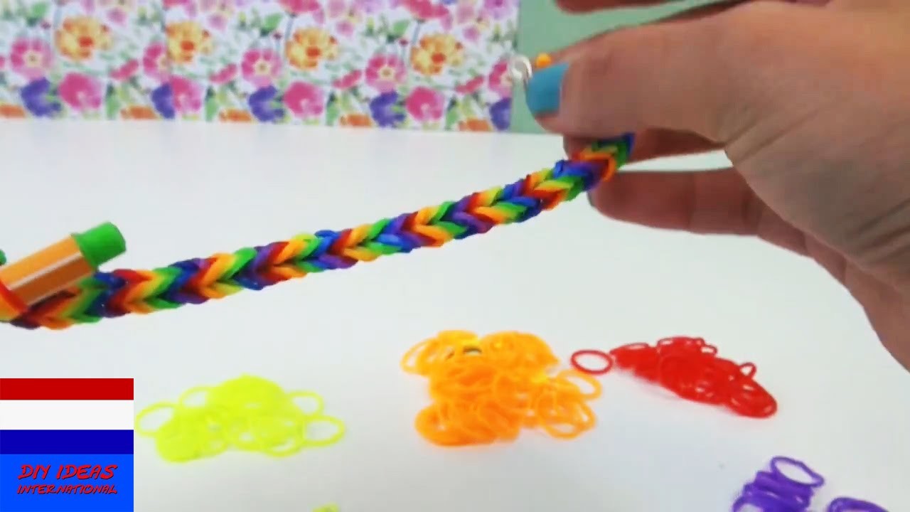 DIY rainbow loombandje met visgraatpatroon | zonder loombord, enkel met stiften of vingers