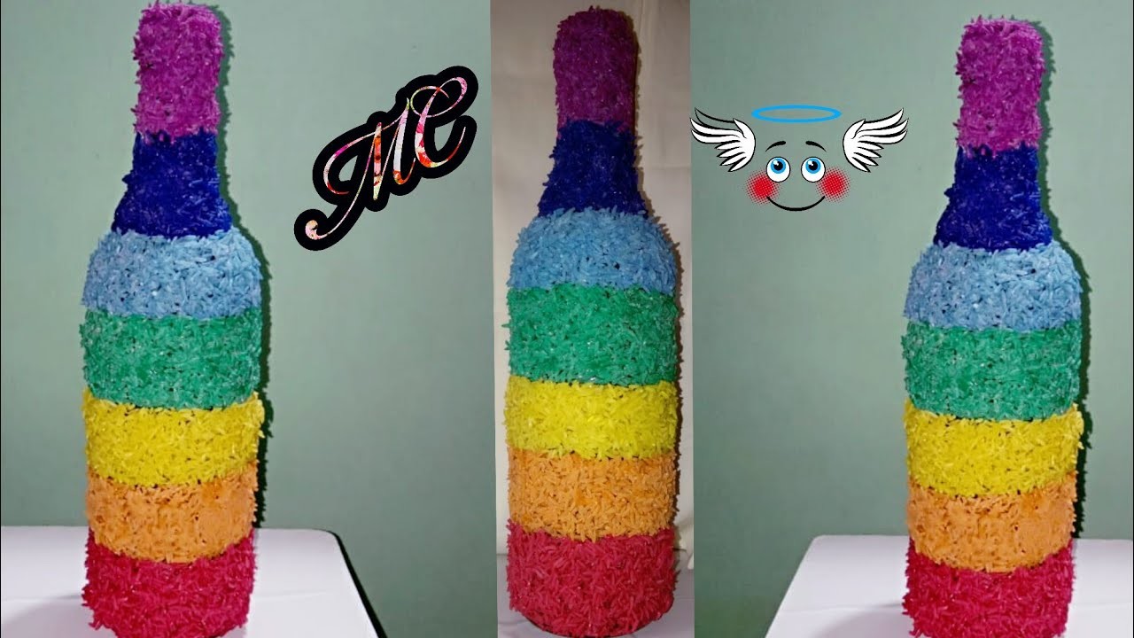 How to make RAINBOW on GLASS BOTTLE.  ||Rice craft on wine bottle||. "বে নী য়া স হ ক লা "রামধনু রং ❤
