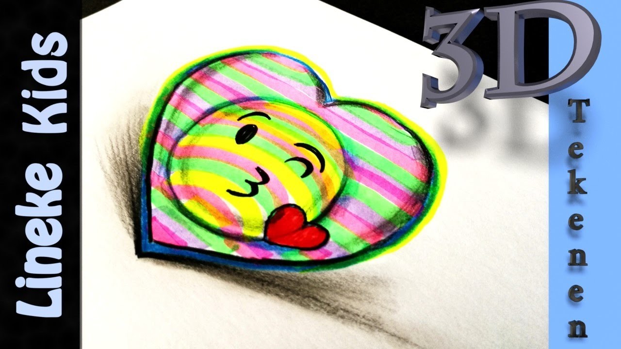 3D hartjeTekenen ! EMOJI tekenen - Kus of Kiss  tekening  makkelijk