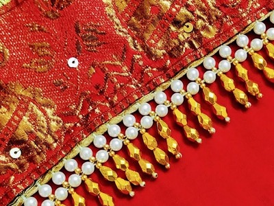 Saree Kuchu #138 !! Easy Border Design For Beginners !! Simple Dupatta Design With Beads !! Tassels