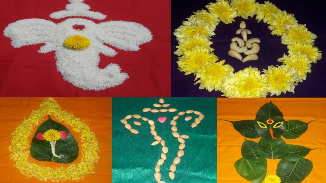 Ganesh chaturthi craft ideas | ganesh diy crafts | leaf, cashew, rice, badham, flowers ganesh