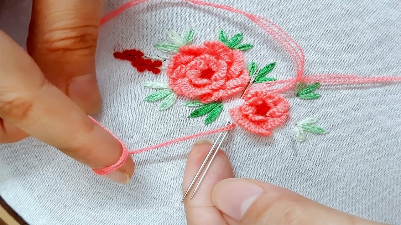 Rose Embroidery: Hand Embroidery Rose with Cast On Stitch (গোলাপ ফুলের ডিজাইন )