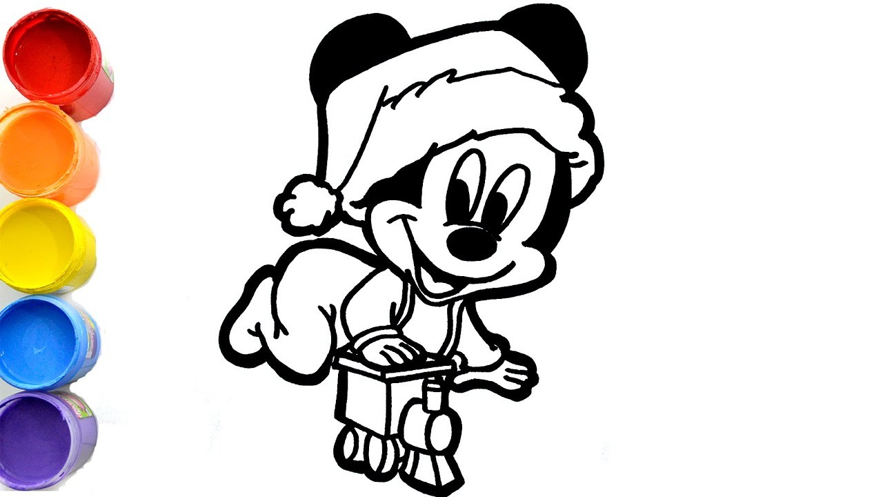 Dibujos de MICKEY MOUSE bebé con tren y disfraz de papa Noel - How to draw  Mickey Mouse baby