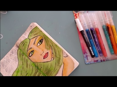 The wind blows. Art Journal.  Drawing. The Girl with the green hair. 
