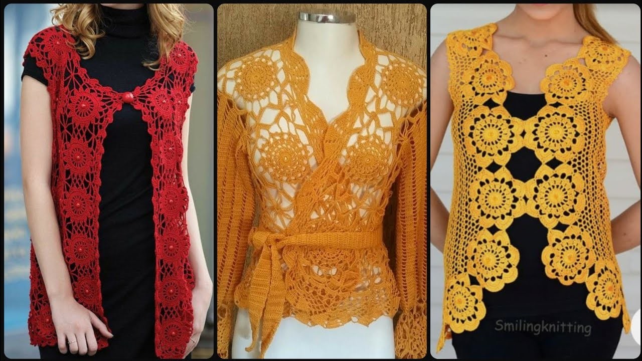 Elegant Hand Knitted Granny Square Crochet Cardigan Top & Blouses