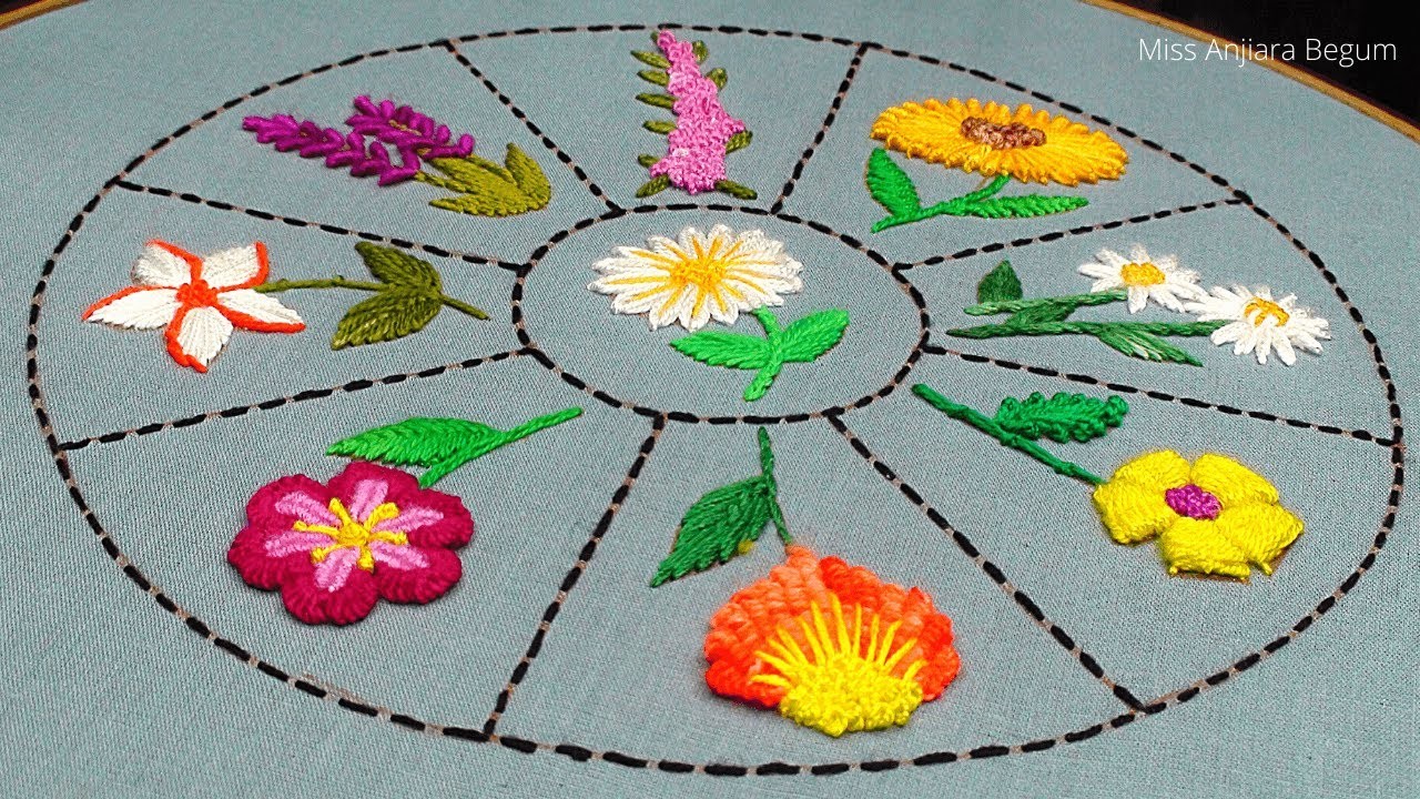 9 Beautiful Flower Embroidery With Different Stitch,  ফুল সেলাই, Tiny Flower Embroidery Design-384
