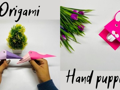 Origami paper hand puppet.origami paper finger puppet.How to make a paper bunny hand puppet￼.diy