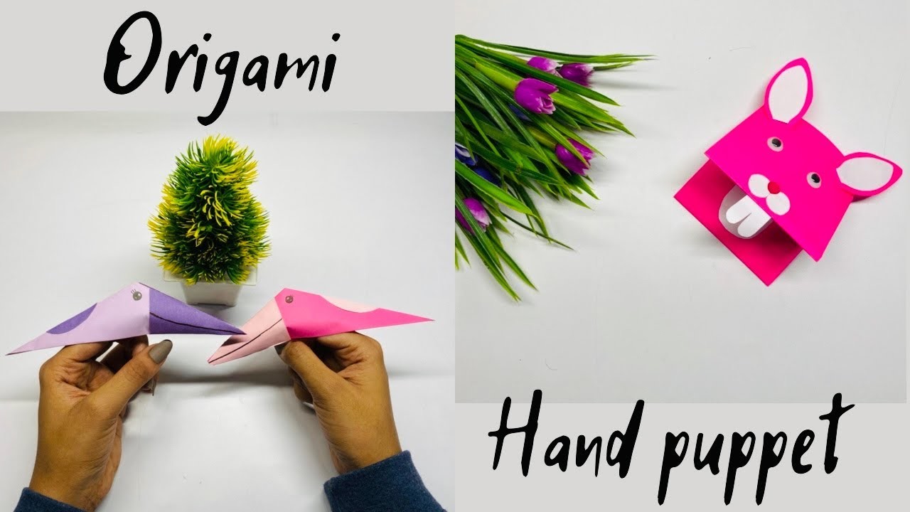 Origami paper hand puppet.origami paper finger puppet.How to make a paper bunny hand puppet￼.diy