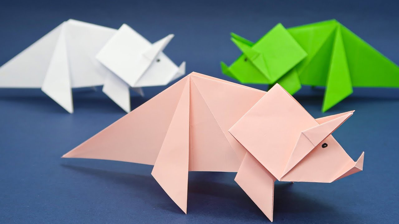 Origami Dinosaur with Paper - Origami easy dinosaur triceratops - Paper dino slow steps