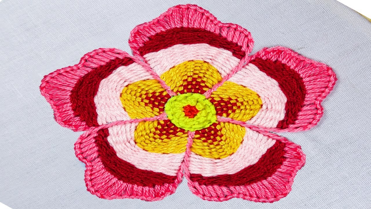 Hand embroidery easy needle weaving and buttonhole stitch combine amazing flower design for beginner